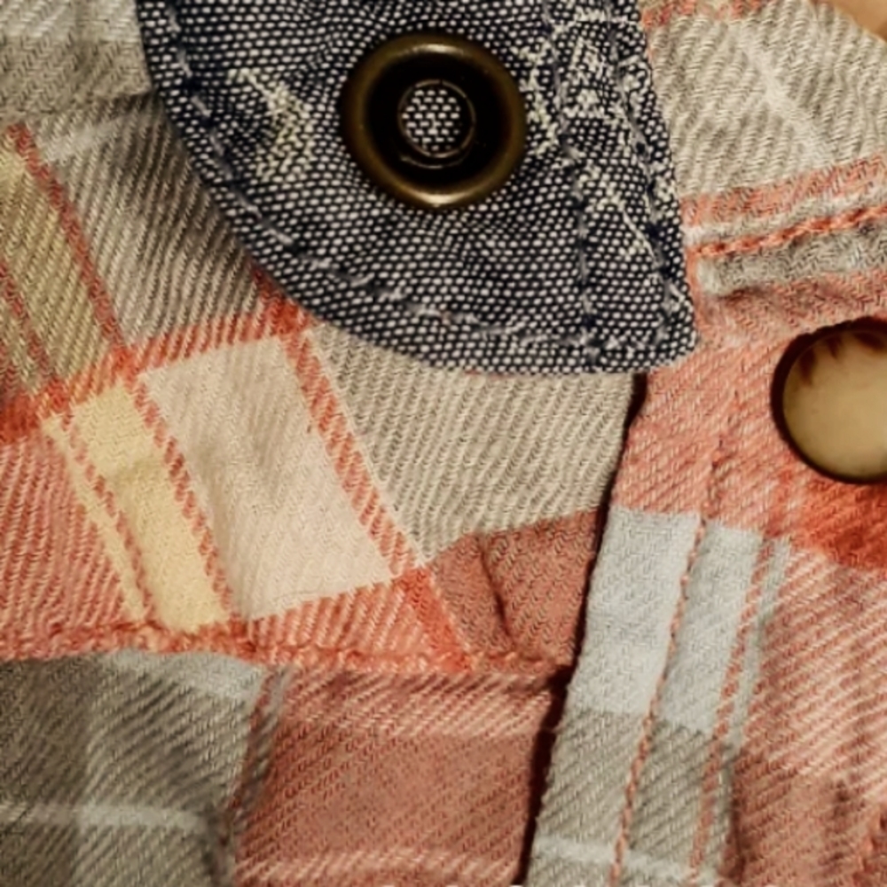 🌼BEA Jach's Girlfriend Coral and Blue Checkered Plaid Flannel Shirt🌼 - Picture 2 of 5